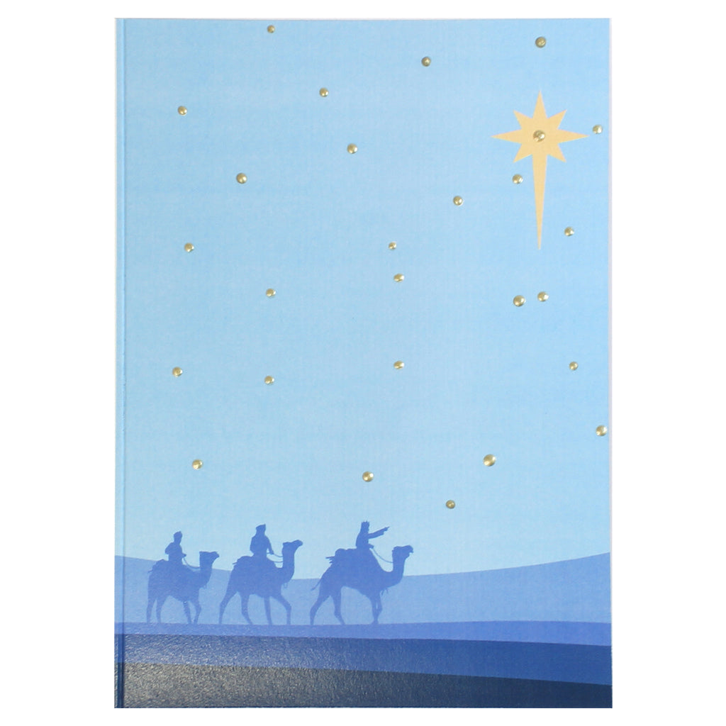3 Kings Christmas Greeting Card featuring three wise kings on camels silhouetted on a sky blue gradient and star of Bethlehem in the sky. Pale gold raised pops of colour are scattered across the sky