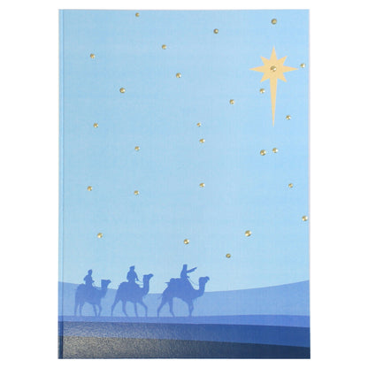 3 Kings Christmas Greeting Card featuring three wise kings on camels silhouetted on a sky blue gradient and star of Bethlehem in the sky. Pale gold raised pops of colour are scattered across the sky
