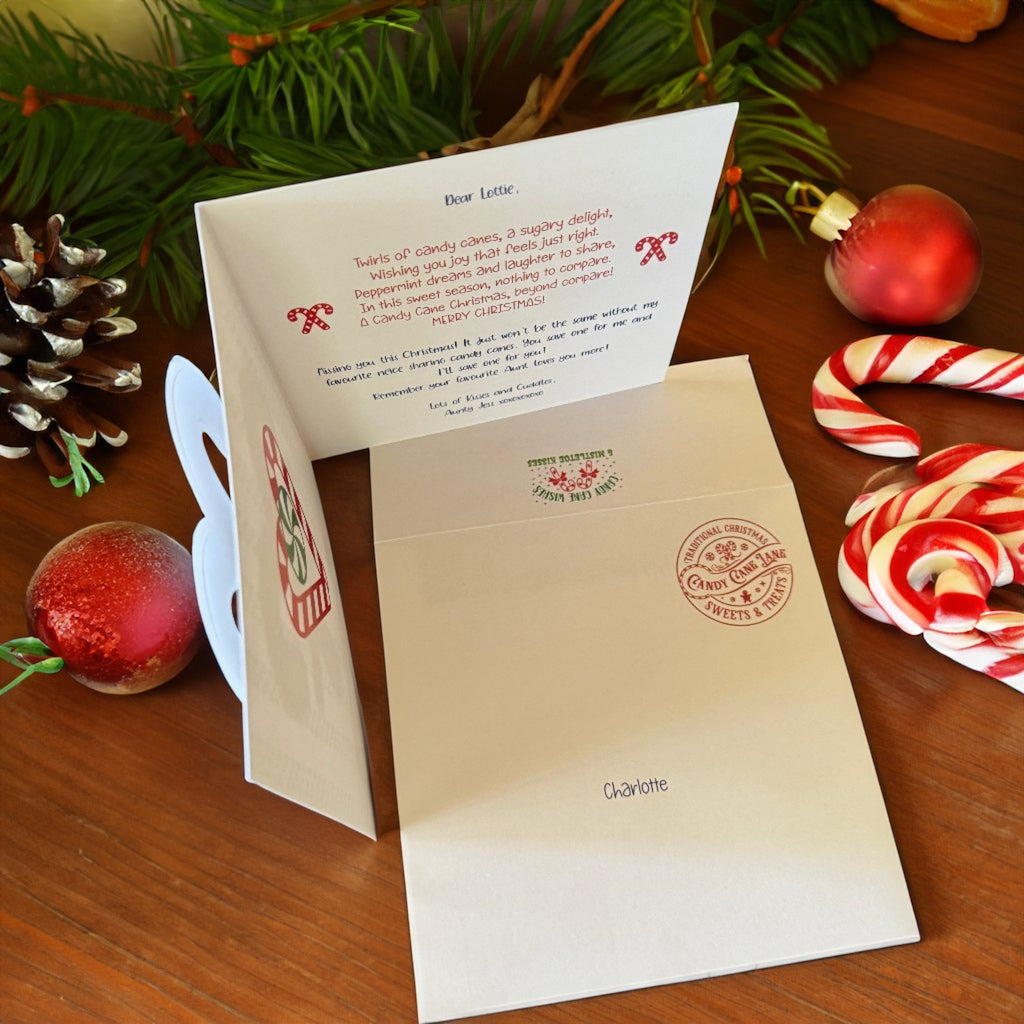 candy cane card and envelope on table