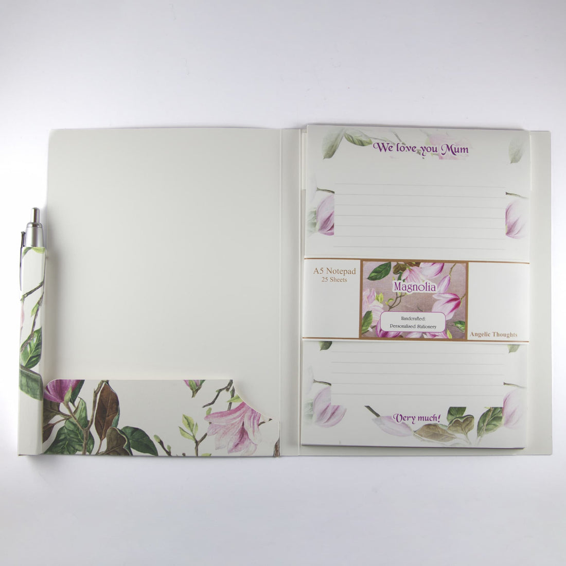 Open Stationery compendium - 2 x personalised A5 notepad with pink magnolia pattern
