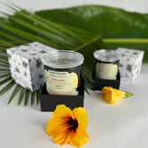 Golden orange hibiscus in foreground with both medium and large Paradise Whispers tropical scented candle in black base box, sitting in front of product boxes featuring palm trees and bird of paradise flowers