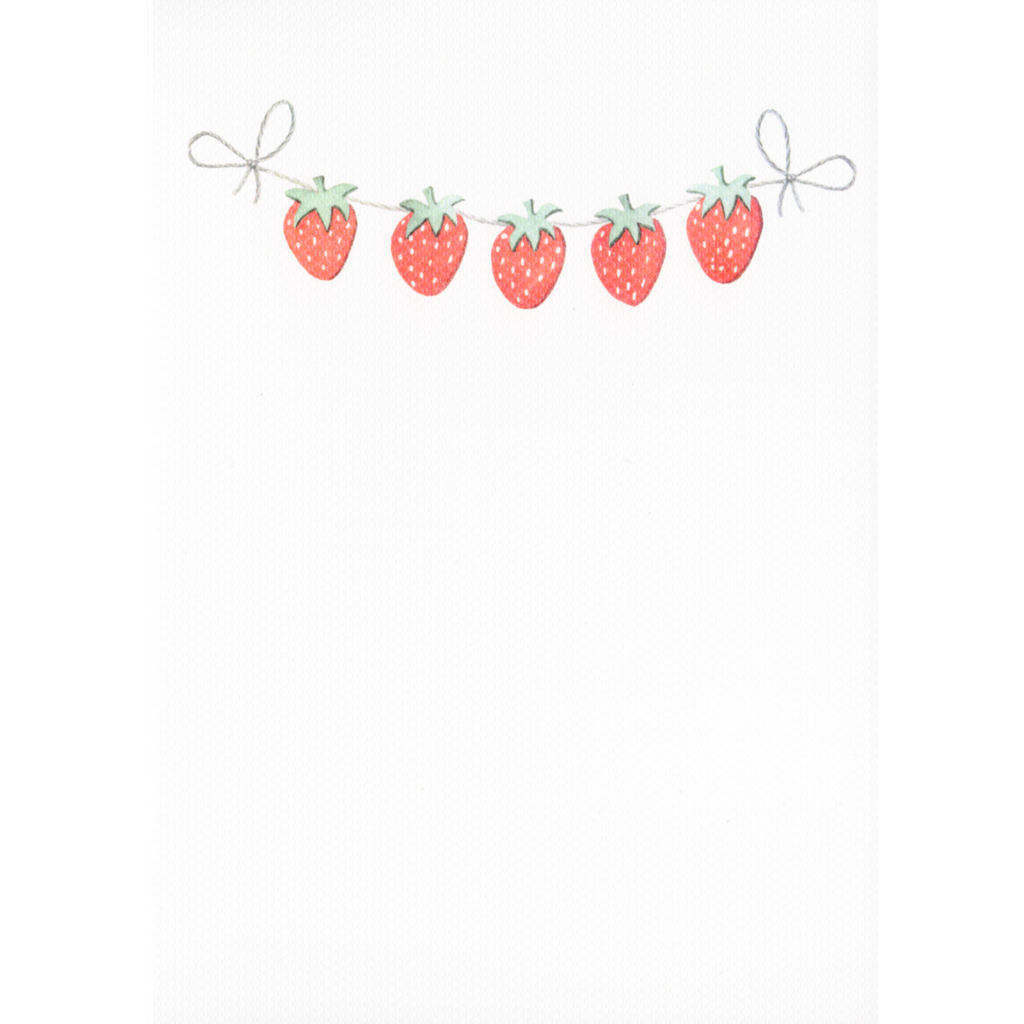 This white page is blank except for a row of lovely red strawberries dangling from a thin ribbon at the top. This page can be used to write a verse, message.  
