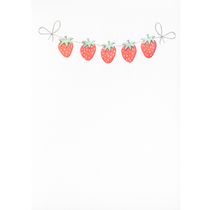 This white page is blank except for a row of lovely red strawberries dangling from a thin ribbon at the top. This page can be used to write a verse, message.  