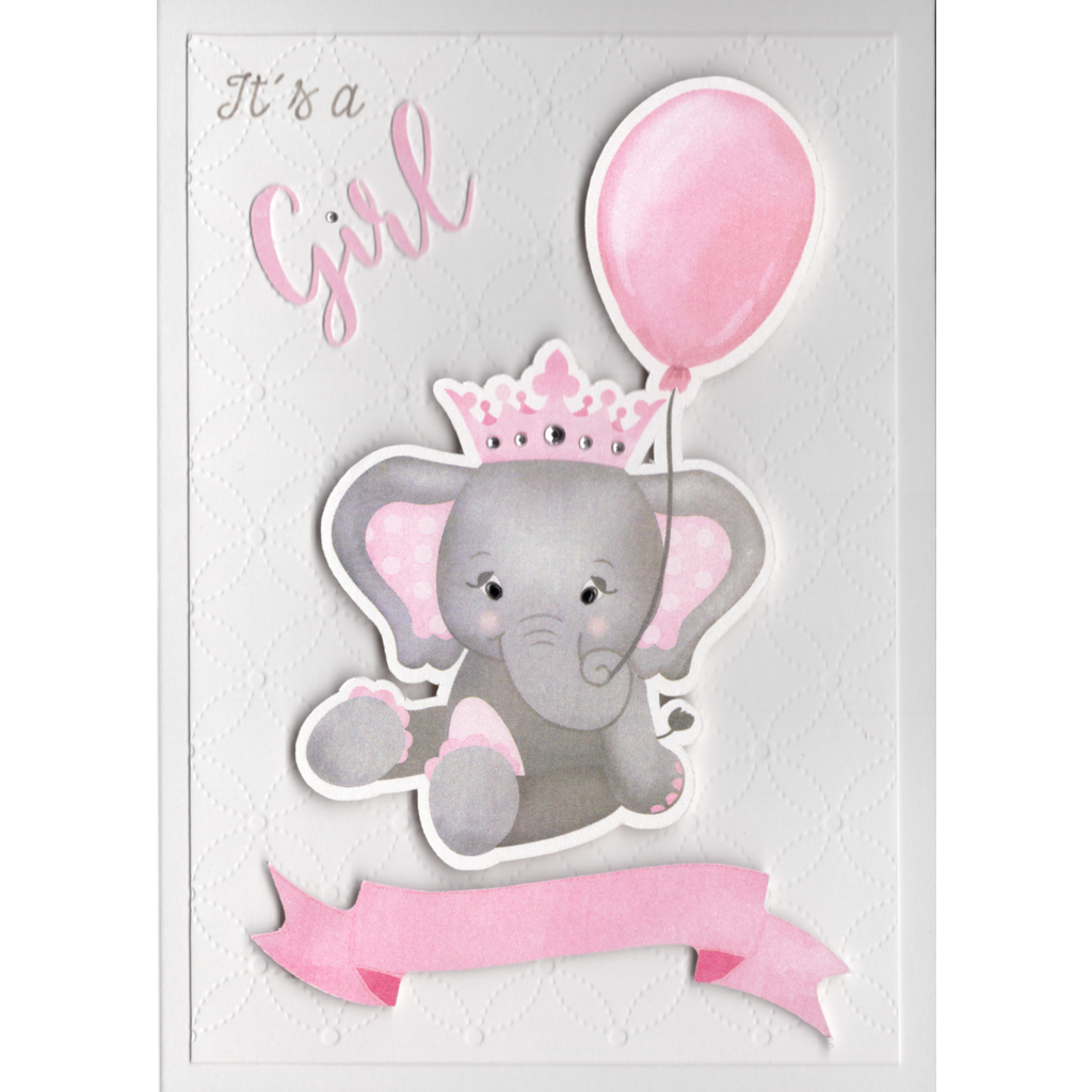 A cute little elephant with pink polka dot ears, holding a pink balloon in her trunk.  Text can be entered into the balloon such as age or short message. Wearing a pink crown embellished with crystals she sits raised on a delicately debossed geometric daisy panel.  There is a pink banner below her feet where a name or age can be entered. Text on the page states &quot;It&