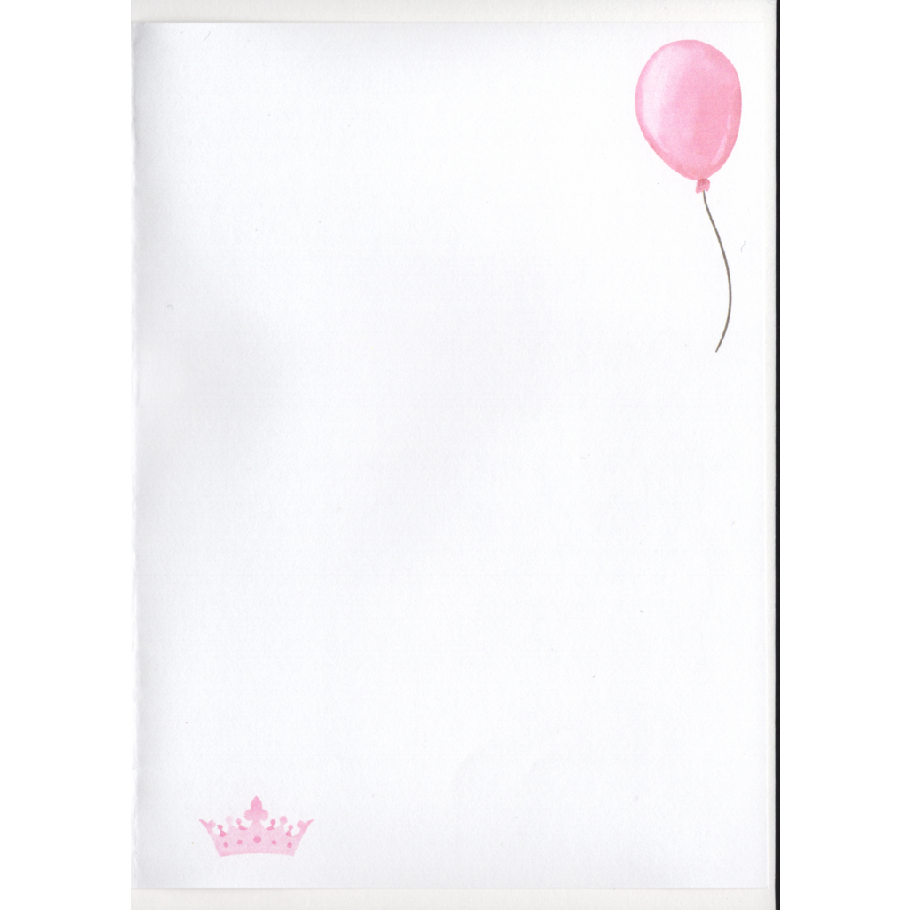 White page with small pink crown in bottom left hand corner. The top right hand corner has a pale pink balloon. Page is blank for you to write your special message.
