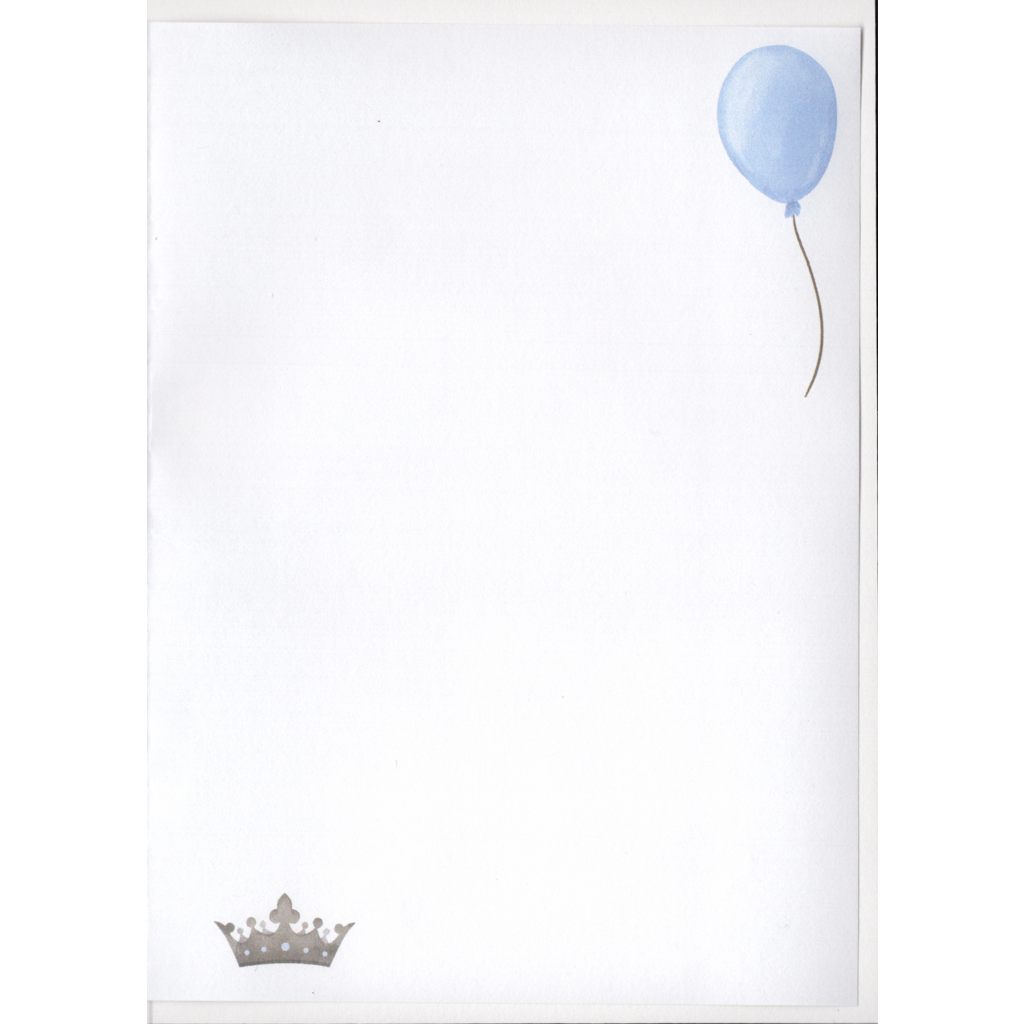 Image of an empty page for you to write your personal message. In the  top right hand corner there is a pale blue balloon. In the bottom left hand corner is a grey crown.