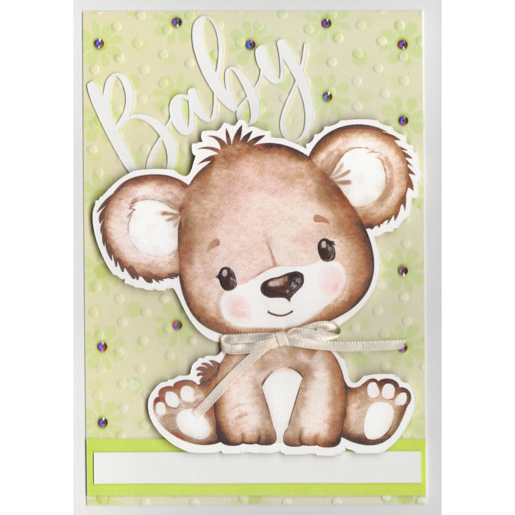 Cute pale brown shading to white baby bear  on a pale green embossed polka dot background. Flowers are scattered over the card front with jewels at their centres. The bear has glossy eyes, nose and a cream ribbon bow around his neck. The word Baby is raised up from the card surface and is in white cardstock. The bear stands out proudly from the card surface.  There is a white panel for the recipients name to be written on.