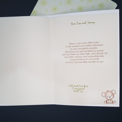 This page has lovely verse in brown text to match the card. An image of the brown baby bear is in the bottom right hand corner. The page is pale fawn and writing is brown.