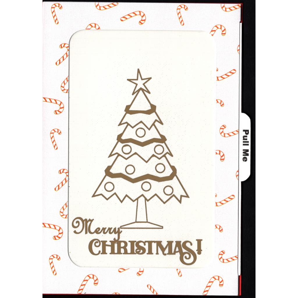 Front of Merry Christmas Greeting Card featuring gold Christmas Tree outline and Red and White Candy cane frame. Pull me tag on right side. 