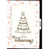 Front of Merry Christmas Greeting Card featuring gold Christmas Tree outline and Red and White Candy cane frame. Pull me tag on right side. 