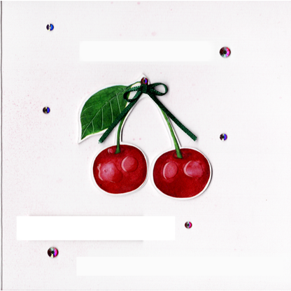 Two ripe red cherries with stems attached, facing front and slightly angled to the right. The cherries are nestled together, with the stems appearing to be joined and tied with a green ribbon. Gem at top of stem and various sizes scattered on card... Name space at top and sentiment down the bottom