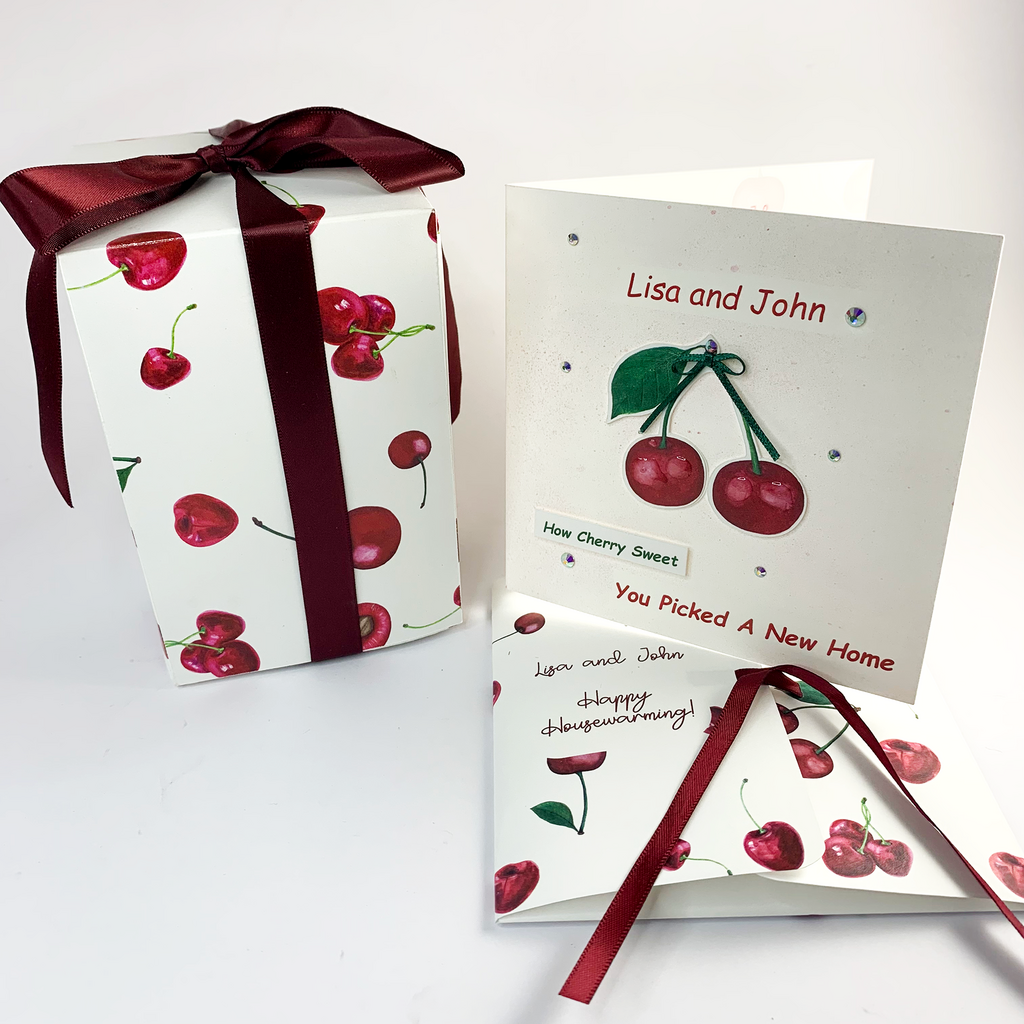 photo of cherry love candle, cherry love card featuring cherries, can be used for valentines, anniversary, new home, birthday, congratulations