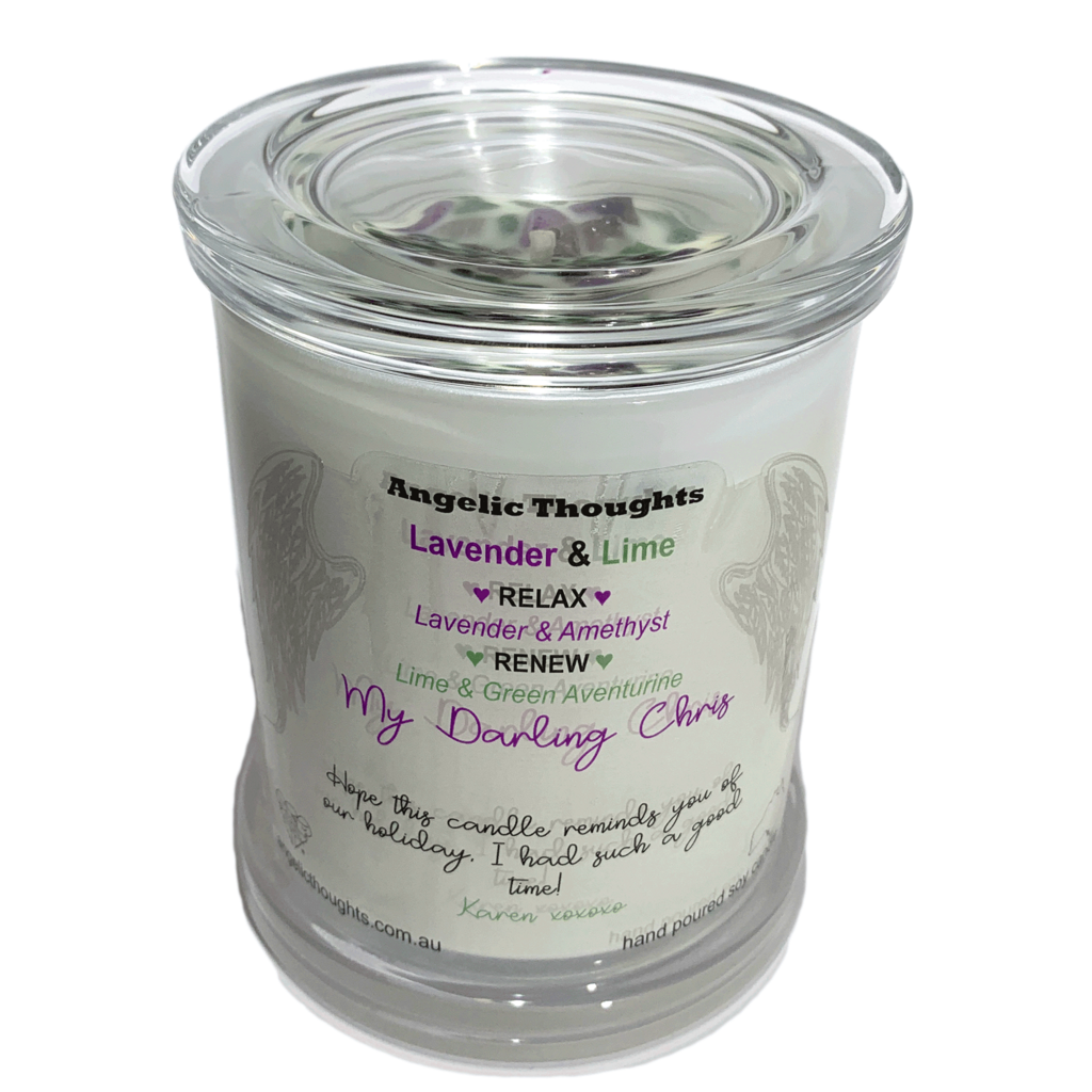 front on view of Lavender and Lime candle in white simplicity glass container with clear lid with personalised label