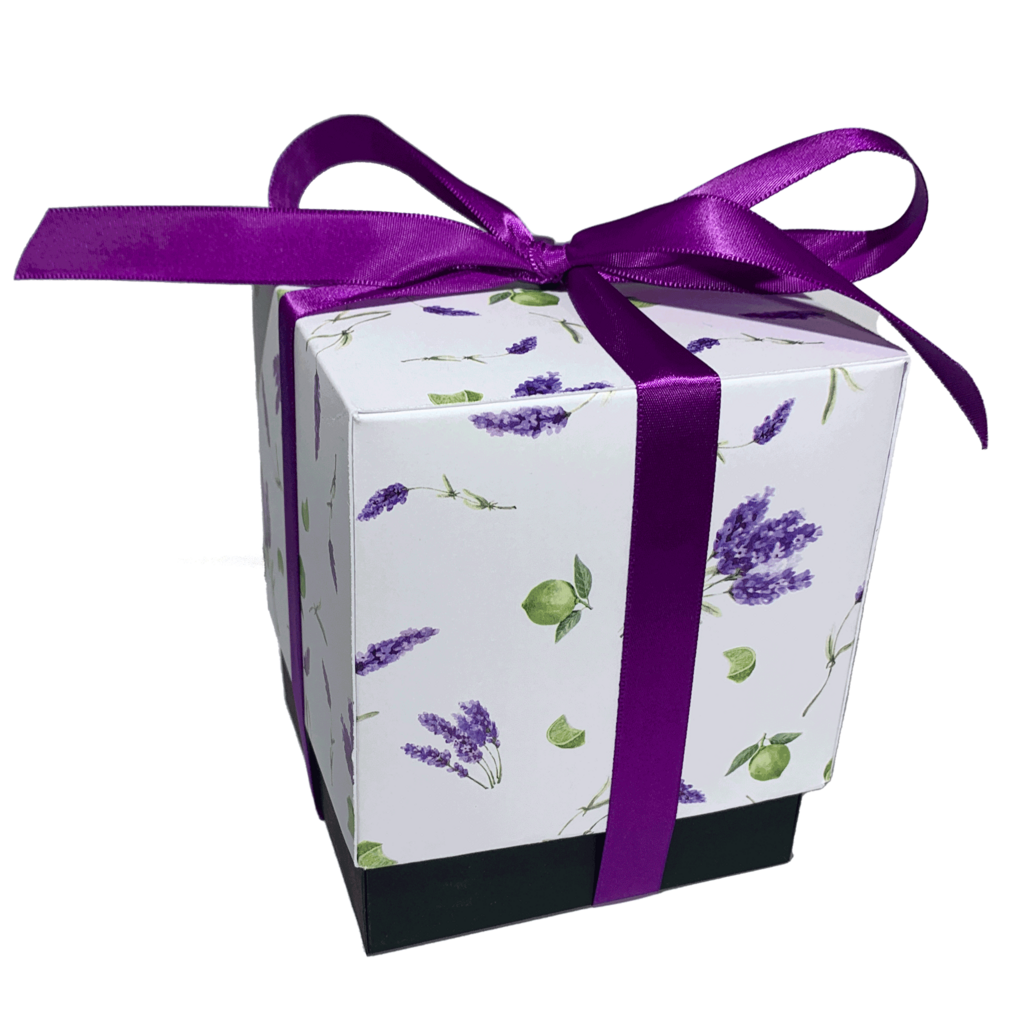 lavender and lime printed product box tied with purple ribbon against a white background