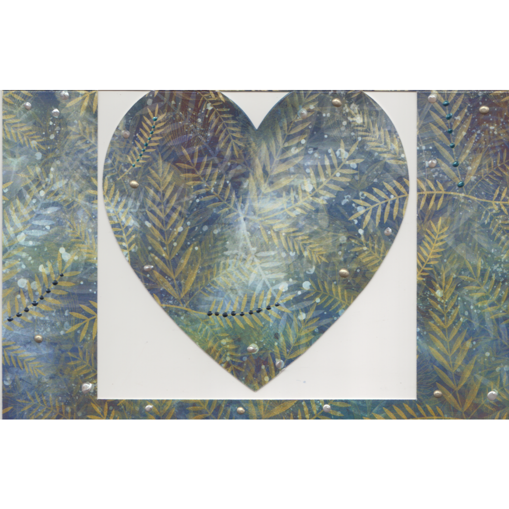 A beautiful heart swing card. Delicate golden stems of foliage overlay over the top of a mottled blue toned background. Pops of pearl colours ranging from white, antique gold and blues have been selectively hand applied.