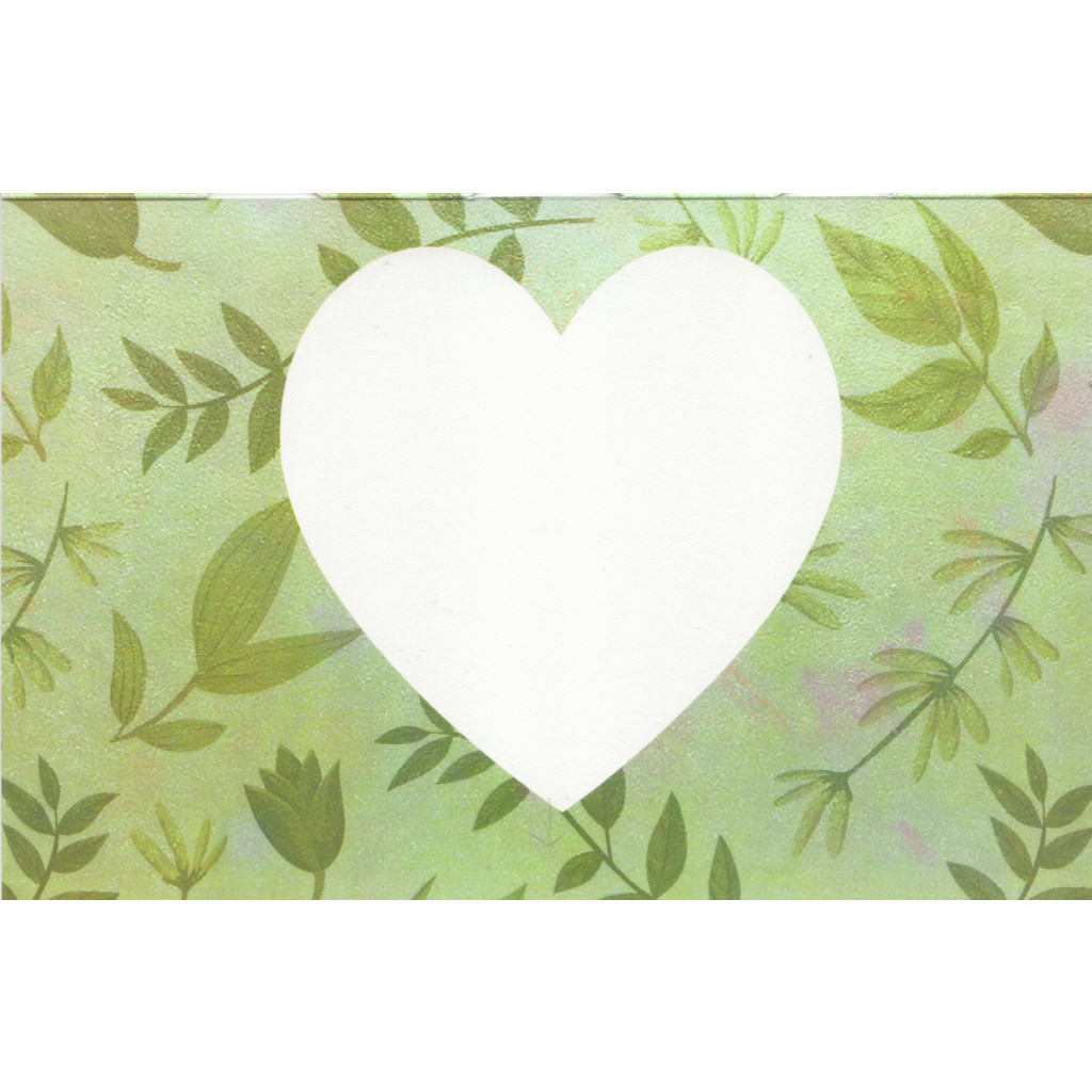 A white heart slightly smaller that the cutout heart sits centrally overlaid on green foliage. This heart is blank and waits for a message