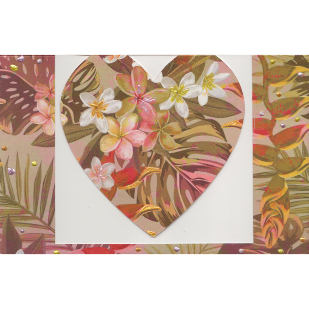 A beautiful large card featuring a cut out heart that swings freely in a frame. Tropical flowers and foliage are the focus of this muted green and pink toned background. Pops of pearl colours including yellow, orange and pinks have been selectively hand applied. 