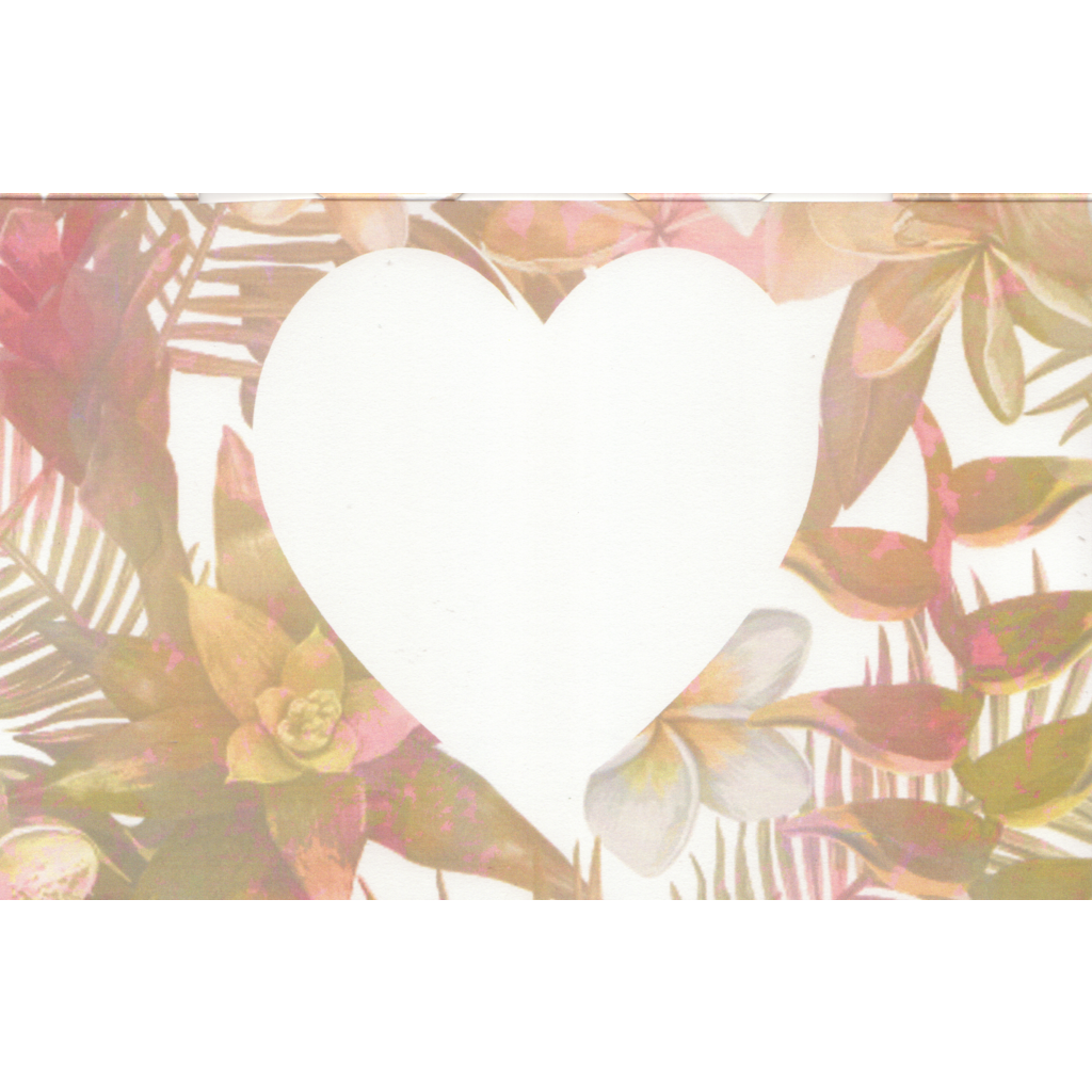 The entire inside of the card background consists of paler tropical flowers and foliage. A white heart slightly smaller that the cutout heart sits centrally overlaid on tropical flowers