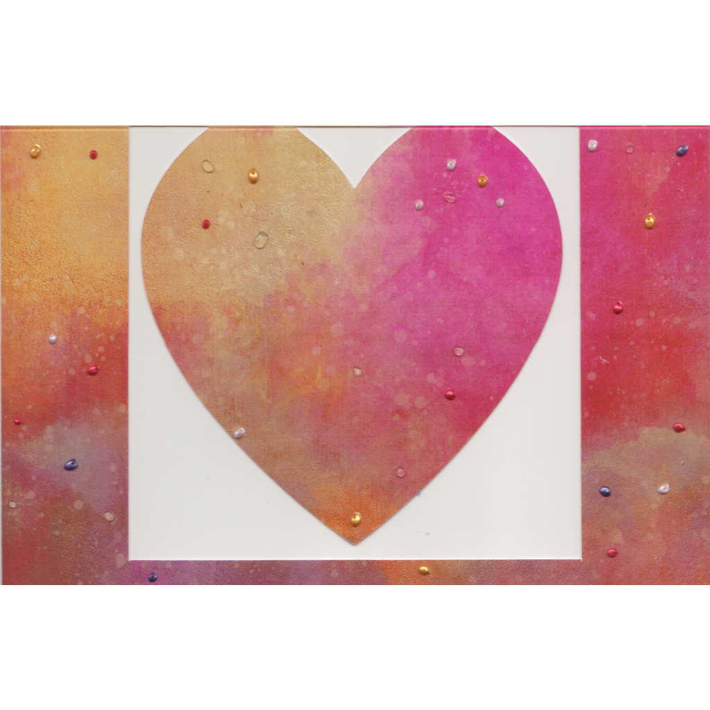 The front of the card features a cut out  heart that swings freely in a frame.  A splotchy mix of bright pink and sherbert orange forms the focus of this bright mixed tone background. Pops of clear and pearl colours including orange, purple red and pink have been selectively hand applied.