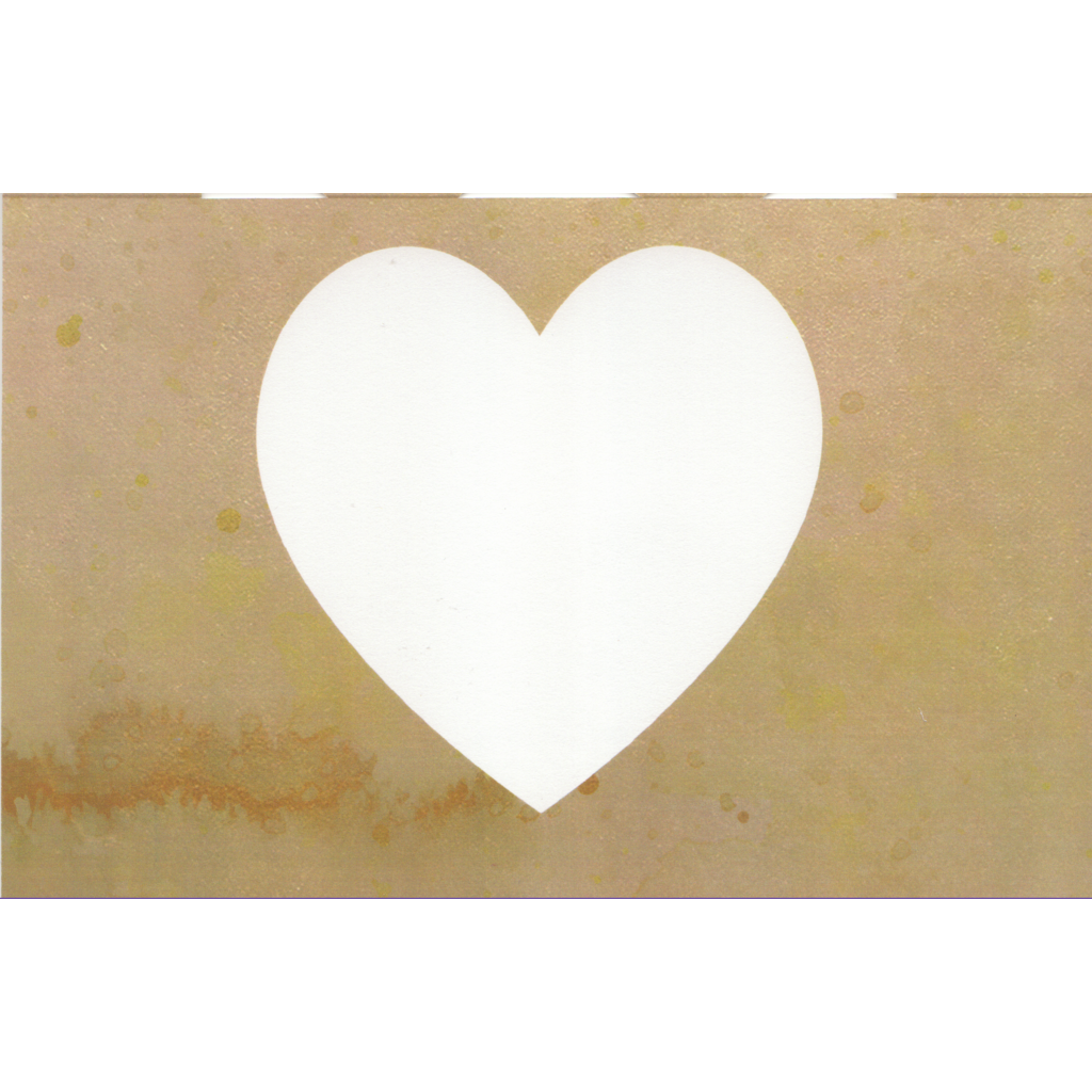 card background consists of beige to antique gold splotched graduated background. A white heart slightly smaller that the cutout heart sits centrally overlaid on the background.