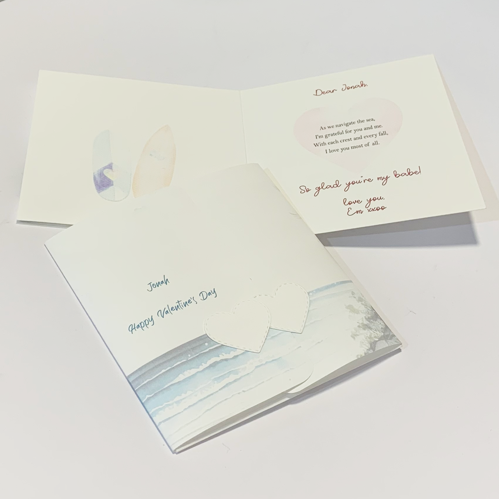photo of inside of customised photo of Valentines Personalized Romantic Ocean Greeting Card featuring one of four romantic verses and personal message