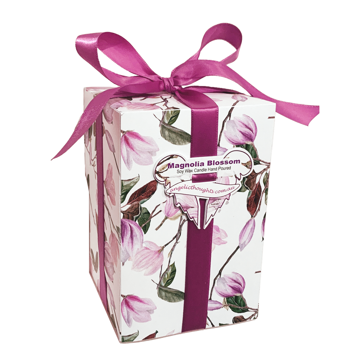 magnolia blossom scented Magnolia candle box tied with deep pink ribbon and featuring angelic thoughts angel wings product lable - white background