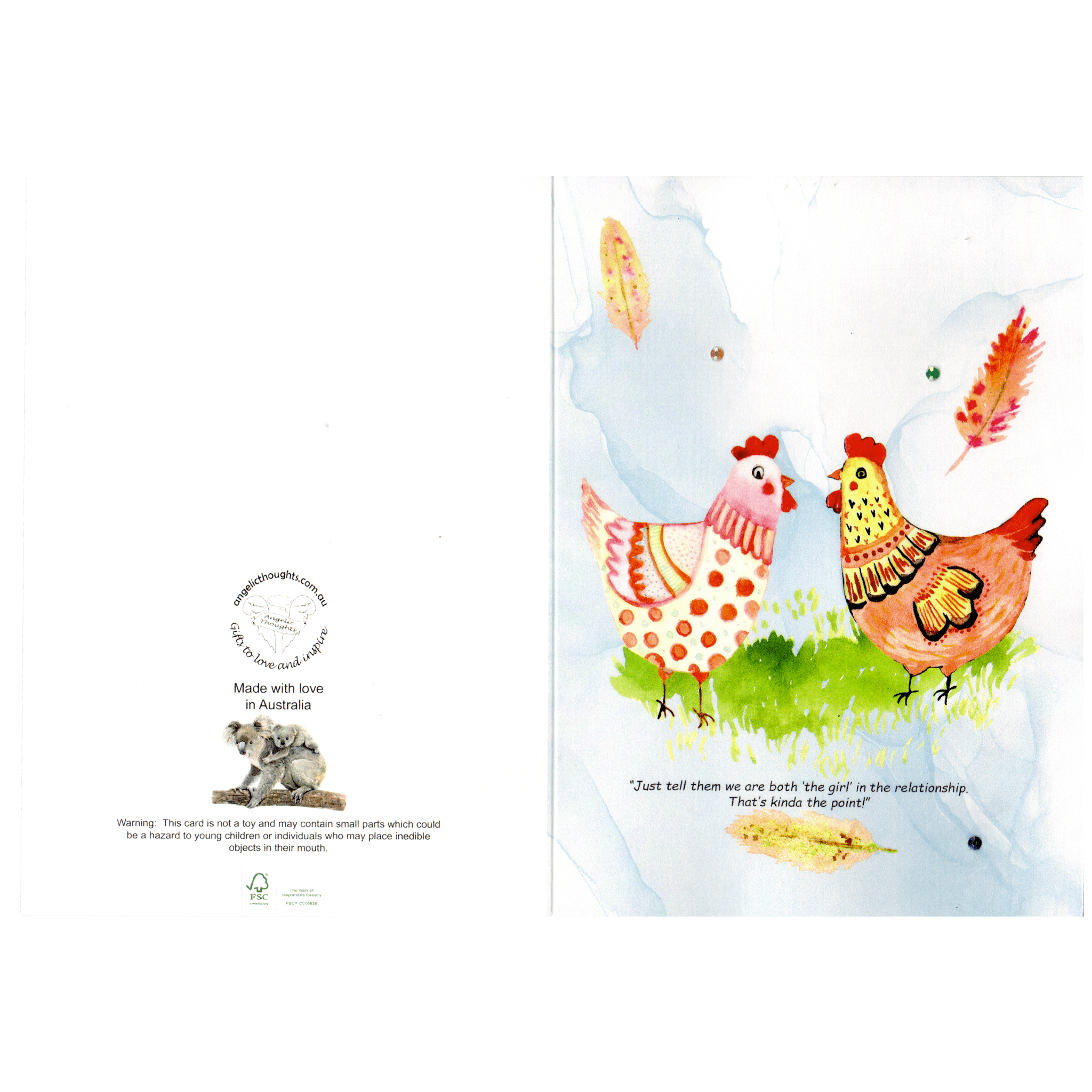 front and back of Luvvy chicks greeting card featuring 2 hens facing each other and feathers falling in the air