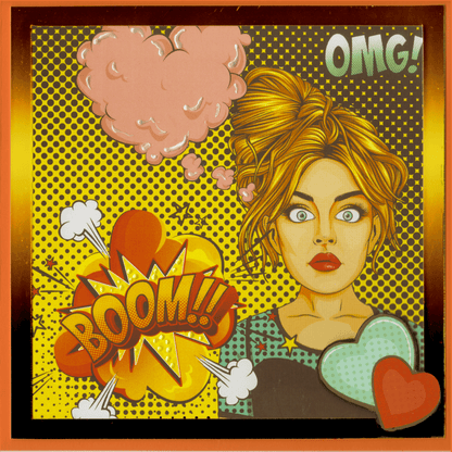 Bright Yellow Retro Comic Style halftone dot gradient with the word Boom!! overlayed on lighting and an orange cloud with three white bursts of smoke clouds and surrounded by yellow and red stars sits on the bottom left. On the right a blue eyed blonde with a messy bun and bold red lips, a heart shaped thought bubble for your personal text and hearts that stand proud from the card overlaid on a gold frame.