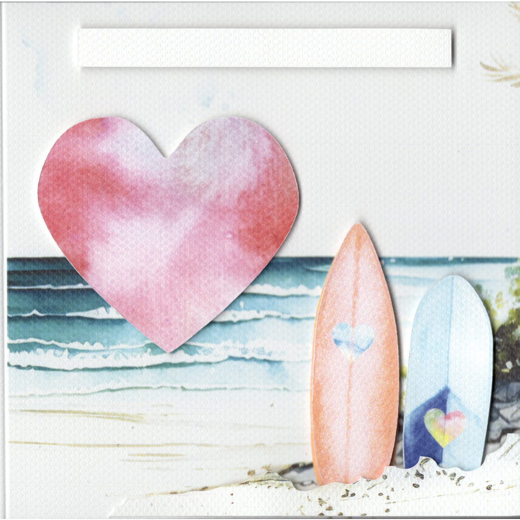 Handmade personalised customisable card featuring raised name strip, raised heart on waves background with 4 optional sentiments or write your own, and two raised surfboards standing upright in sand