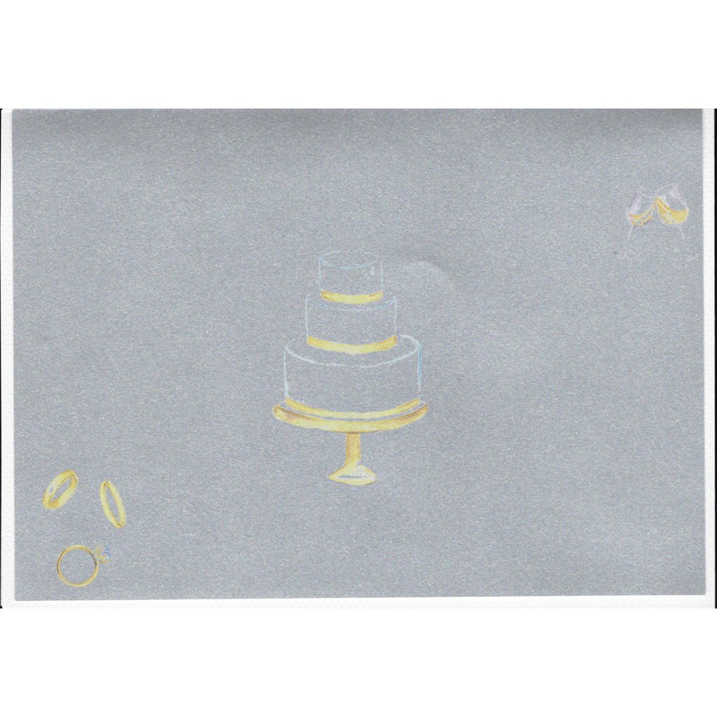inside of card featuring silver paper with wedding cake, rings and glasses - personalise message, names