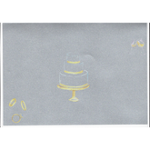 inside of card featuring silver paper with wedding cake, rings and glasses - personalise message, names