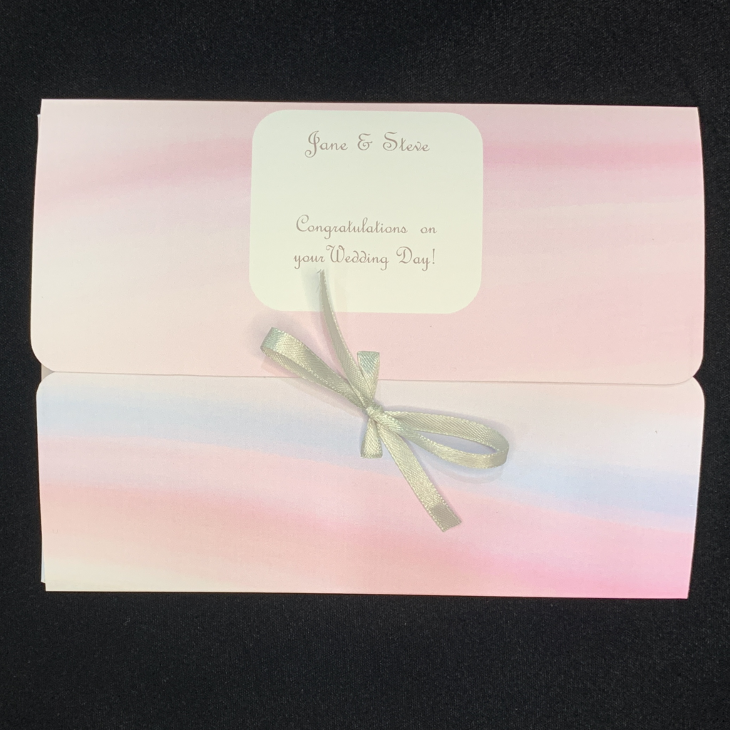 pastel rainbow personalised folder for wedding card with name and message, silver ribbon