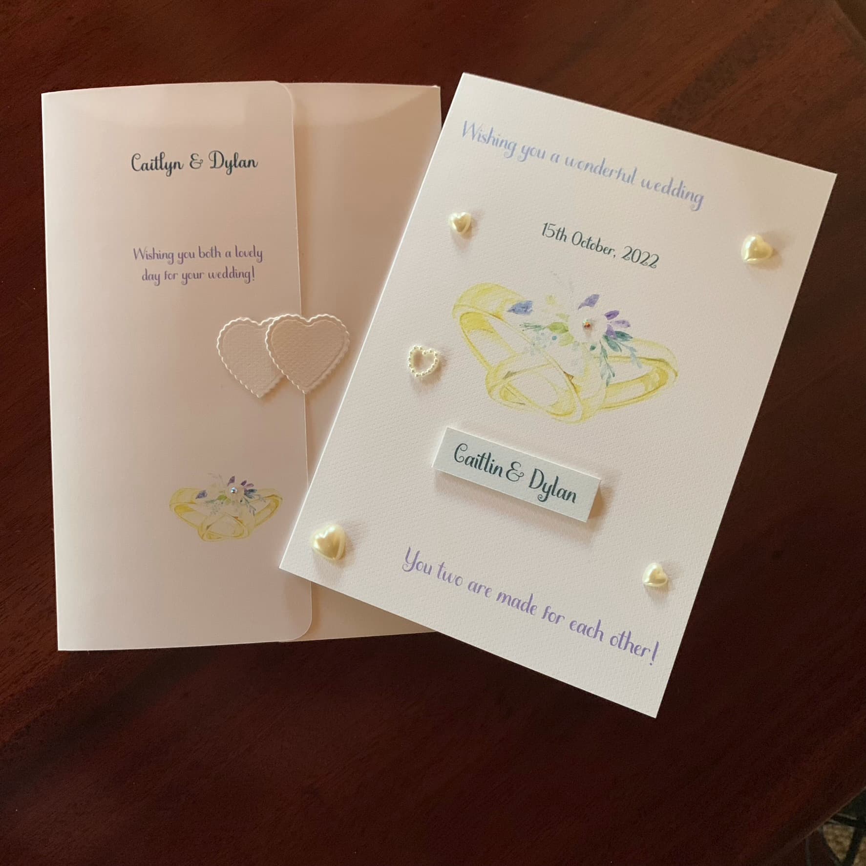 personalised wedding card and folder - handmade and embellished