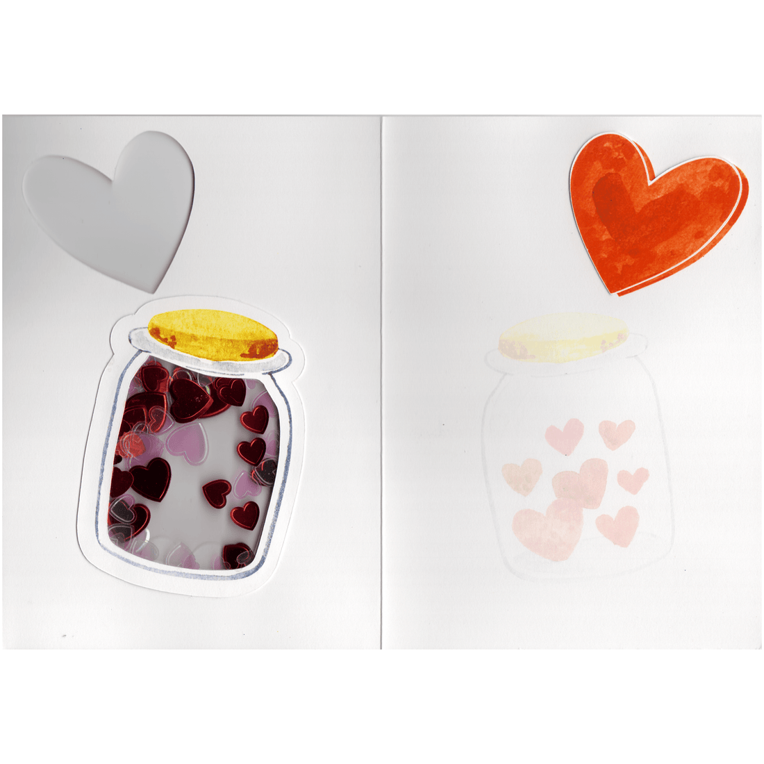 Inside of the heart jar shaker card. To the left the back of the jar is visible as per the front. To the right of the card is a ghosted image of the jar with hearts and on the top right a raised red heart that sits neatly in line with the top of the card when closed.