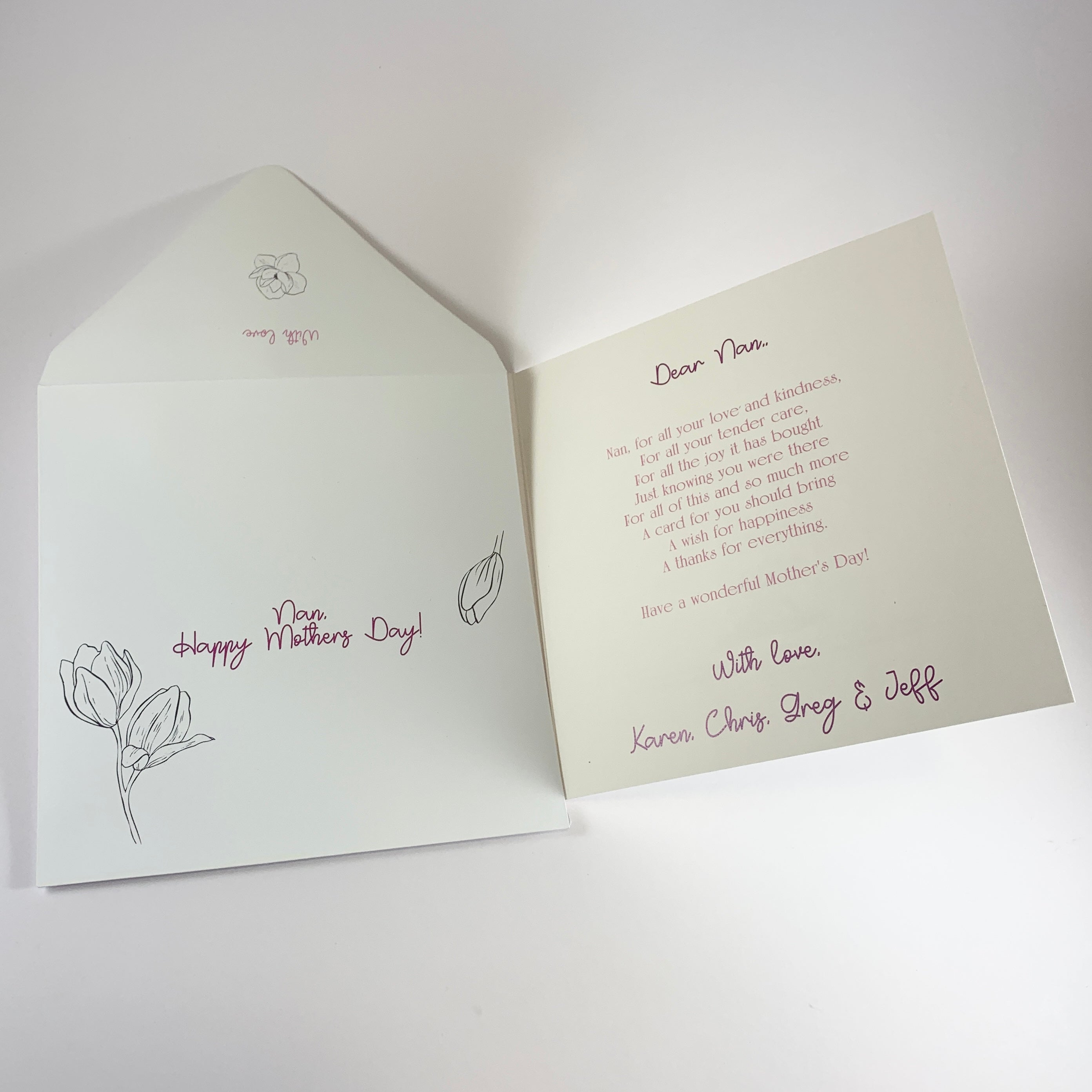 personalised envelope and card with mothers day verse and persnal name and message