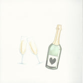 champagne bottle and glasses on inside of custom wedding card for long personal message