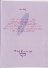 A ghosted plum feather sits on lilac paper. The text example as follows: "Dear, Sally, Happy Birthday to my crazy,  fun, fabulous best friend! I love you to the moon and back and am so grateful for your friendship and all the fun times we&