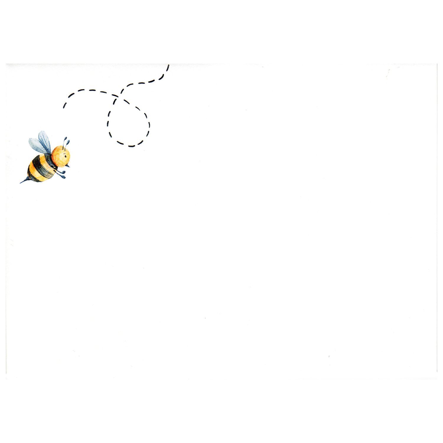front of envelope showing bumblebee in top left corner with dashed lines showing flight