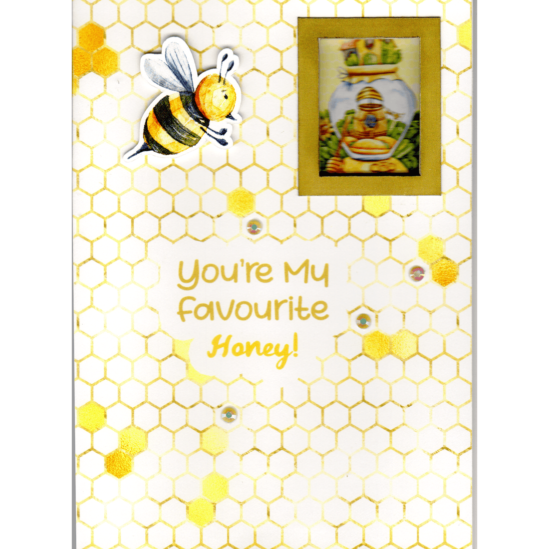 embellished front of card showing bee raised up from surface - and window with stylised honeybee home