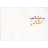 Image showing both left and right hand inside card pages. There is a light brown heart pattern paper covering both sides with the words "You are the one for me!" ,an image of envelope featuring a heart and the word love in front of a heart.