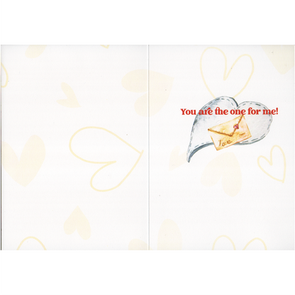 Image showing both left and right hand inside card pages. There is a light brown heart pattern paper covering both sides with the words &quot;You are the one for me!&quot; ,an image of envelope featuring a heart and the word love in front of a heart.