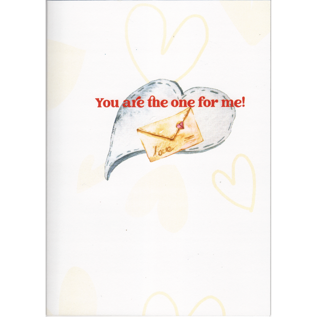There is a light brown heart pattern paper with the words &quot;You are the one for me!&quot; an image of envelope featuring a heart and the word love in front of a heart.