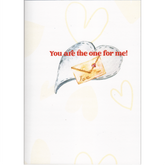 There is a light brown heart pattern paper with the words "You are the one for me!" an image of envelope featuring a heart and the word love in front of a heart.