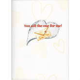 There is a light brown heart pattern paper with the words "You are the one for me!" an image of envelope featuring a heart and the word love in front of a heart.